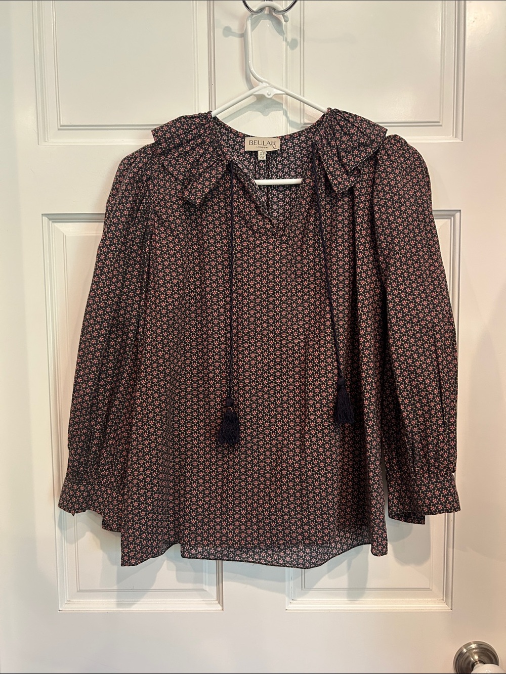 Beulah Navy and Pink Floral Tie-Front Ruffle Blouse size 2